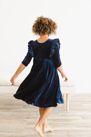 Navy Velvet Ruffle Twirl Dress-Mila & Rose ®