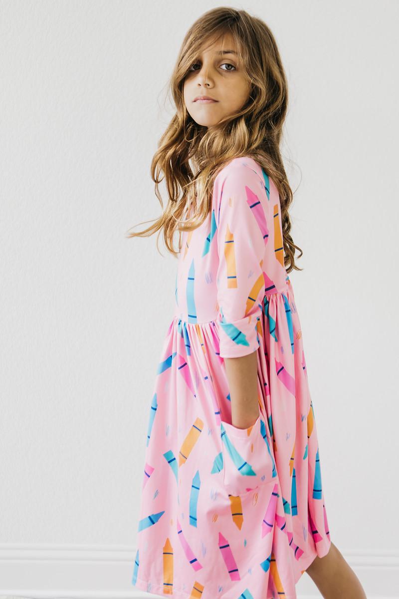 Color Crayons 3/4 Sleeve Pocket Twirl Dress-Mila & Rose ®