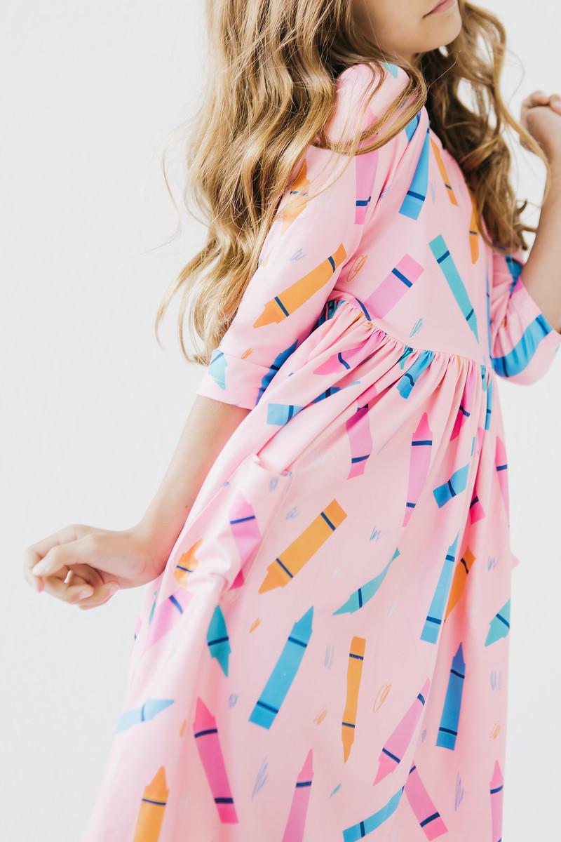 Color Crayons 3/4 Sleeve Pocket Twirl Dress-Mila & Rose ®