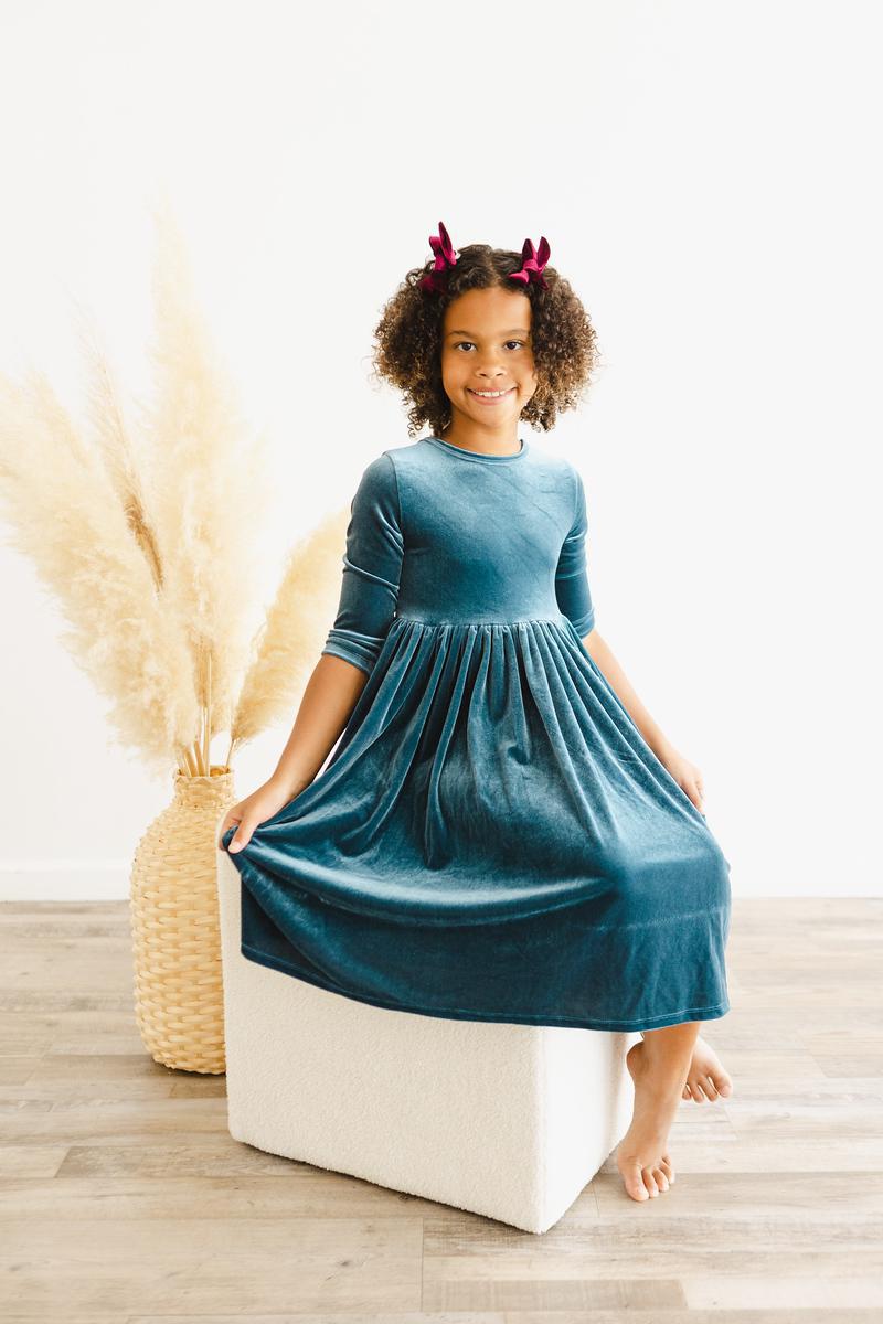 Denim Blue Velvet Twirl Dress-Mila & Rose ®