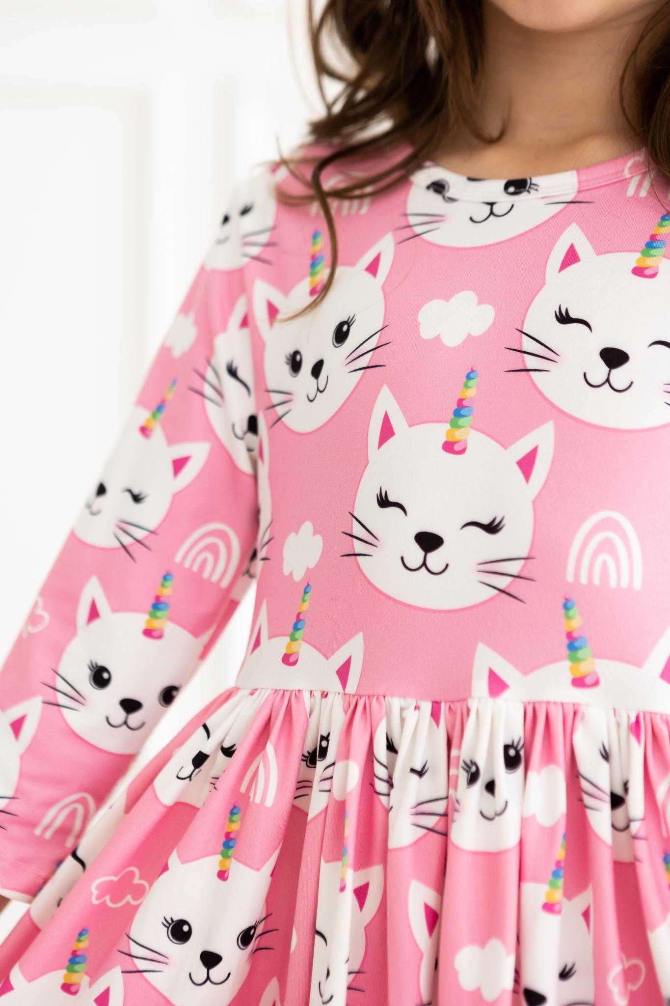 Unicorn Kitties 3/4 Sleeve Pocket Twirl Dress-Mila & Rose ®