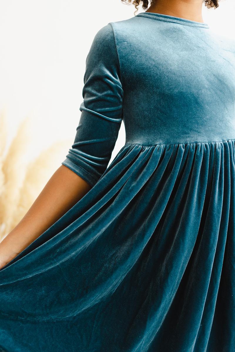 Denim Blue Velvet Twirl Dress-Mila & Rose ®