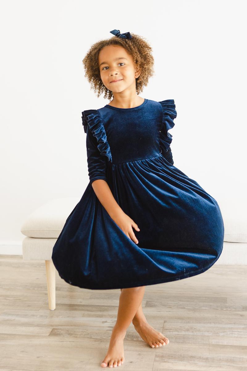 Navy Velvet Ruffle Twirl Dress-Mila & Rose ®