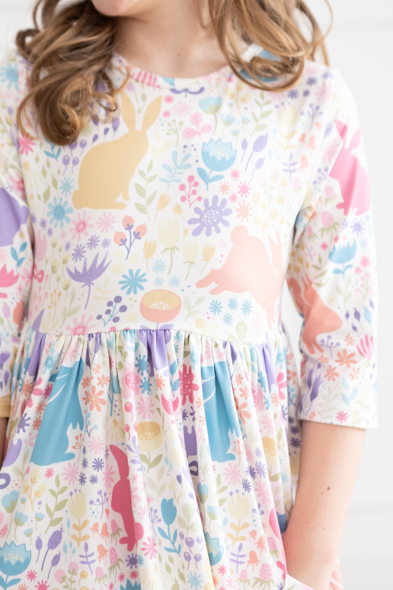 Pastel Floral Bunnies 3/4 Sleeve Pocket Twirl Dress-Mila & Rose ®
