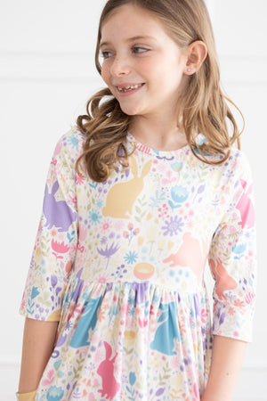 Pastel Floral Bunnies 3/4 Sleeve Pocket Twirl Dress-Mila & Rose ®