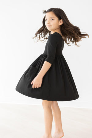 Black 3/4 Sleeve Pocket Twirl Dress-Mila & Rose ®
