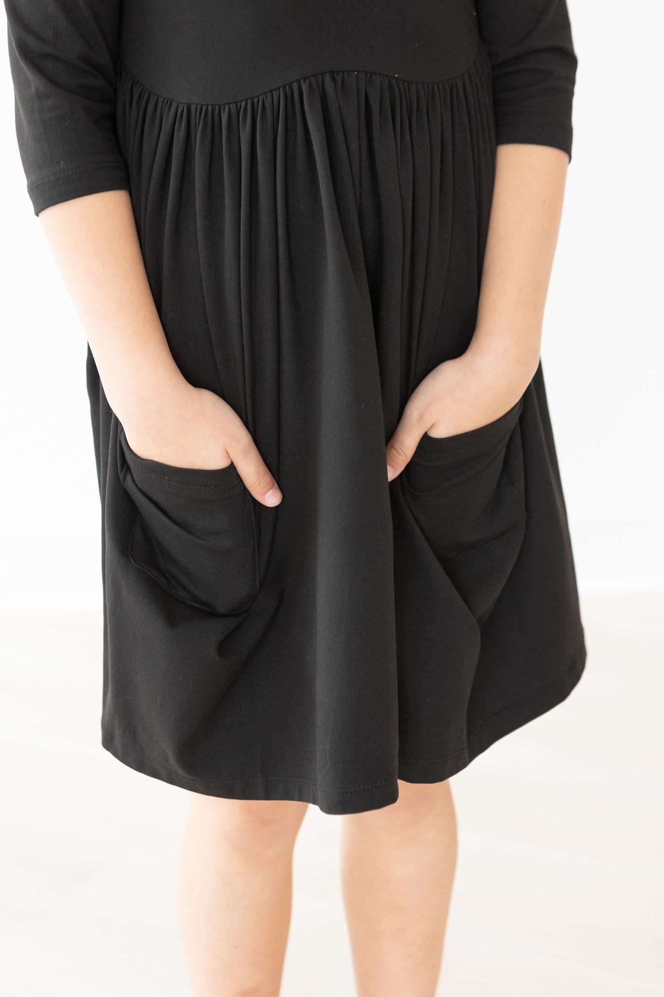 Black 3/4 Sleeve Pocket Twirl Dress-Mila & Rose ®