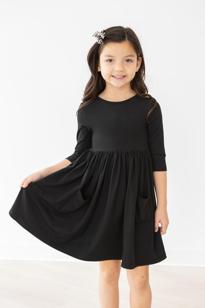 Black 3/4 Sleeve Pocket Twirl Dress-Mila & Rose ®