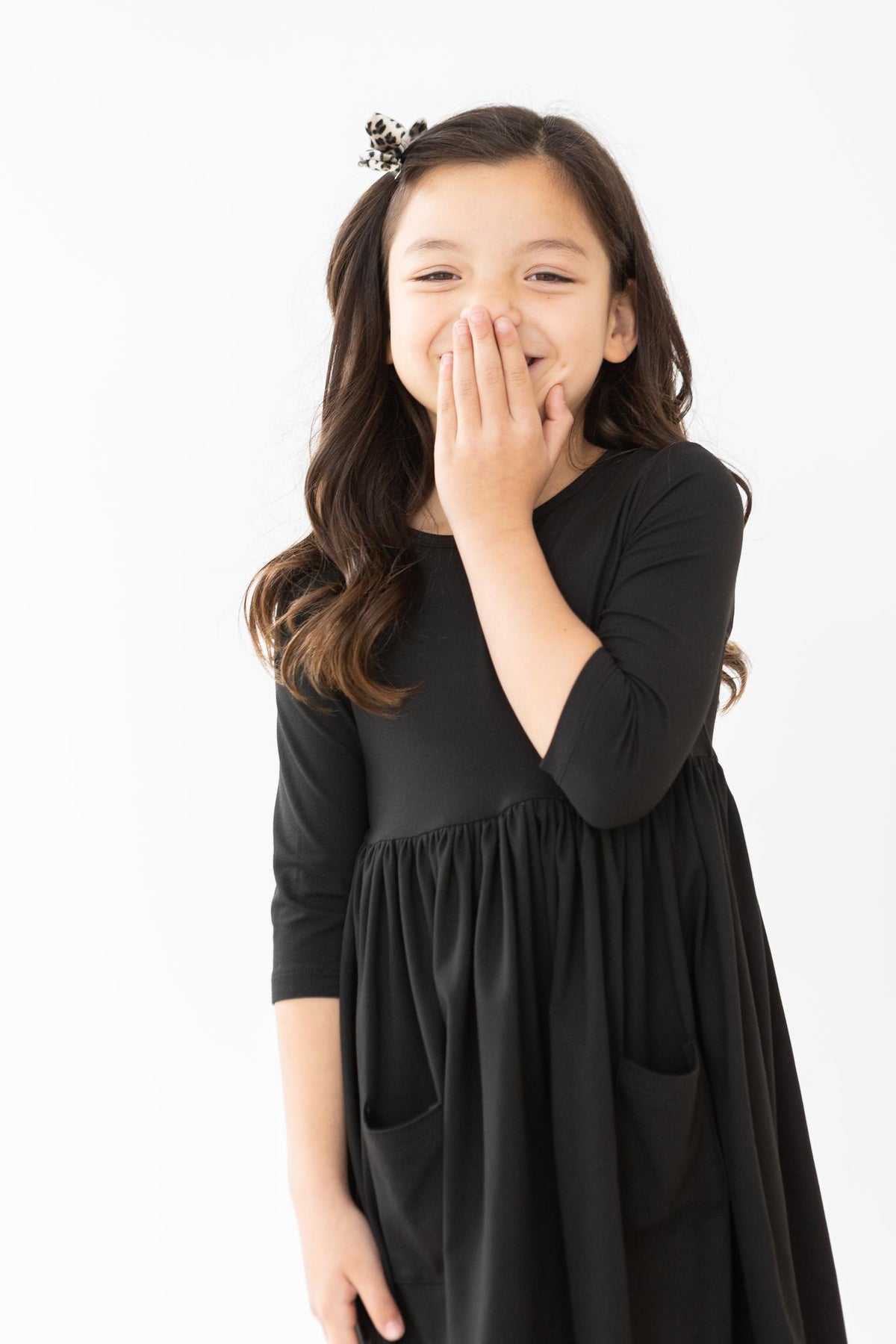 Black 3/4 Sleeve Pocket Twirl Dress-Mila & Rose ®