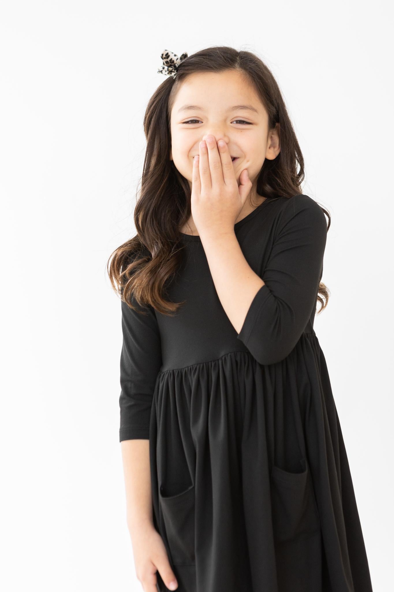 Black 3/4 Sleeve Pocket Twirl Dress-Mila & Rose ®