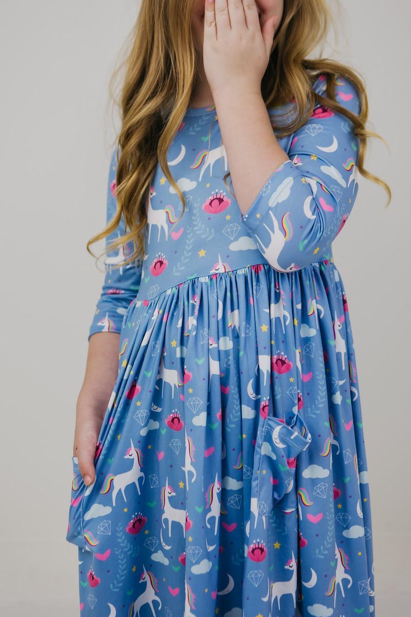 Girls' Blue Moon 3/4 Sleeve Pocket Twirl Dress Size: 5/6 By Mila & Rose Girls' Blue Moon 3/4 Sleeve Pocket Twirl Dress Size: 5/6 By Mila & Rose