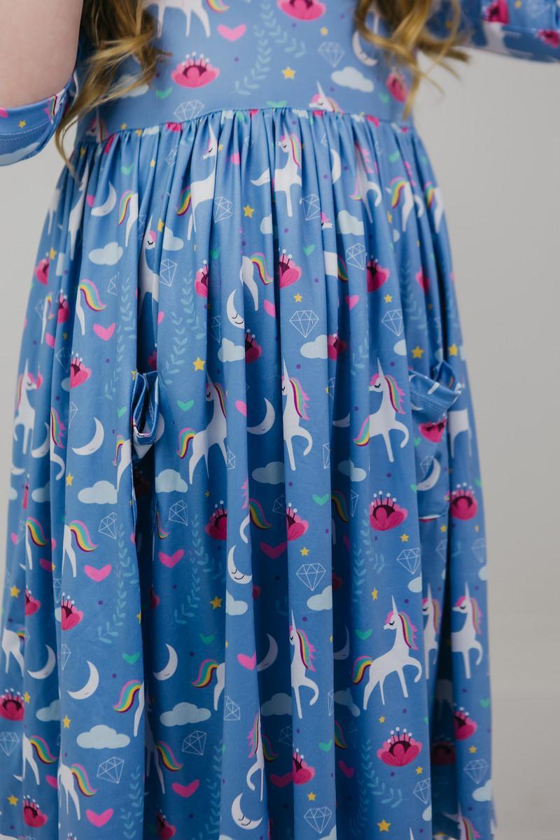 Girls' Blue Moon 3/4 Sleeve Pocket Twirl Dress Size: 5/6 By Mila & Rose Girls' Blue Moon 3/4 Sleeve Pocket Twirl Dress Size: 5/6 By Mila & Rose
