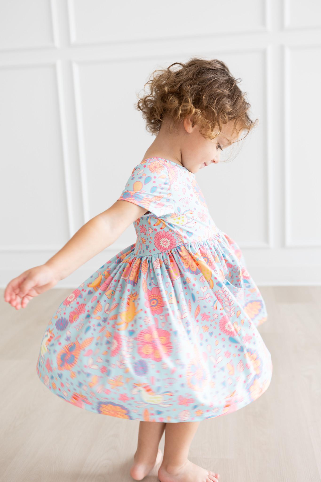Blue Retro Unicorns S/S Pocket Twirl Dress-Mila & Rose ®