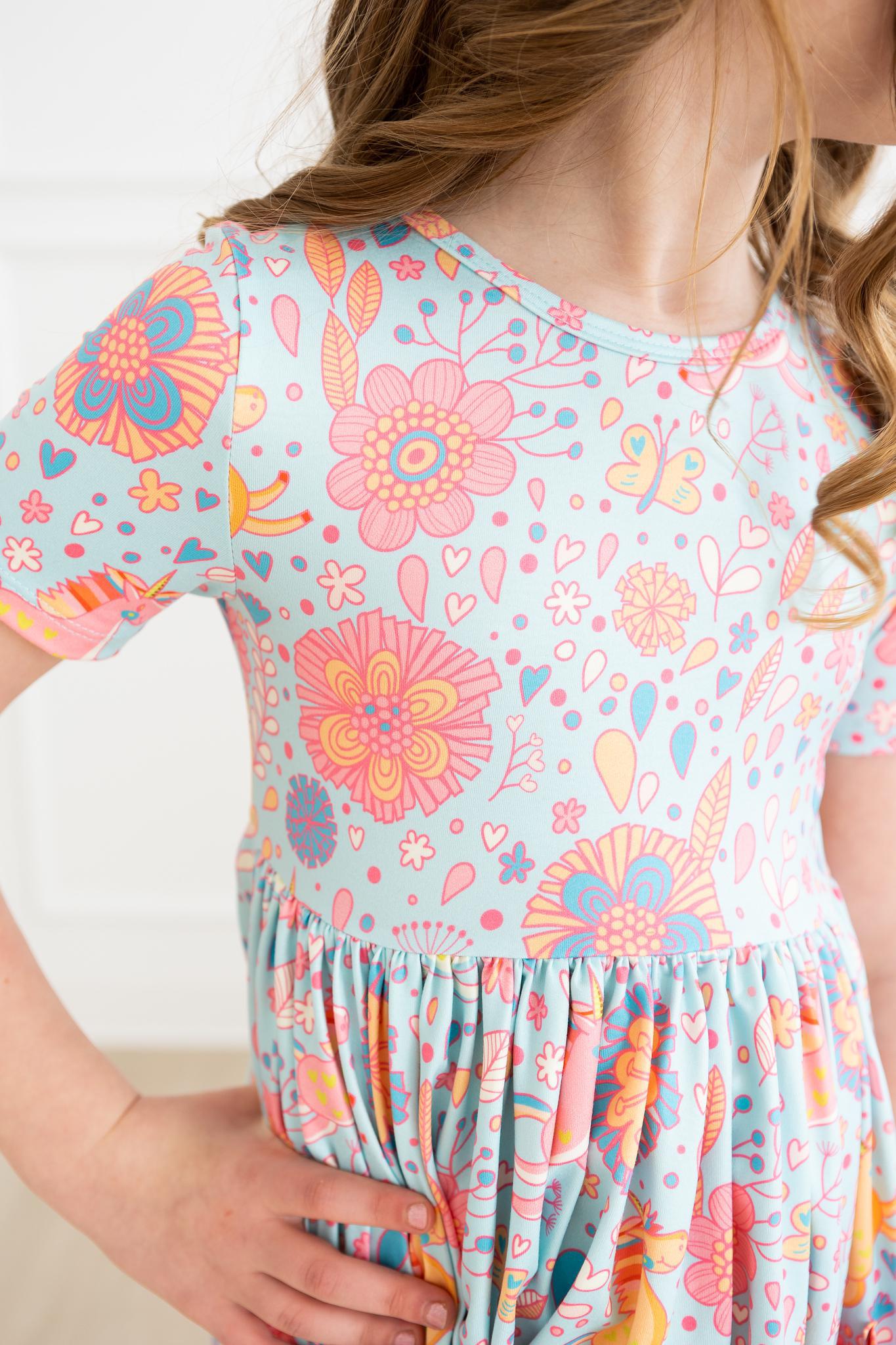 Blue Retro Unicorns S/S Pocket Twirl Dress-Mila & Rose ®