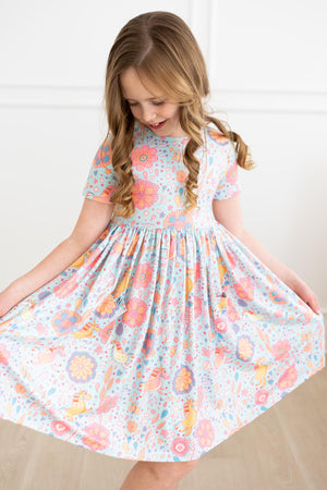 Blue Retro Unicorns S/S Pocket Twirl Dress-Mila & Rose ®