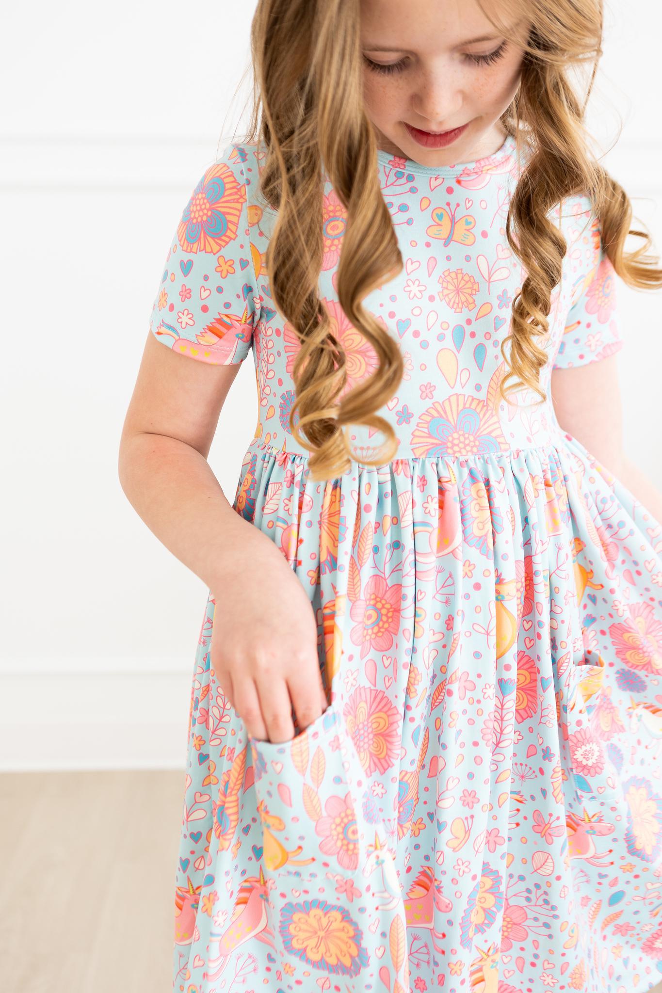 Blue Retro Unicorns S/S Pocket Twirl Dress-Mila & Rose ®
