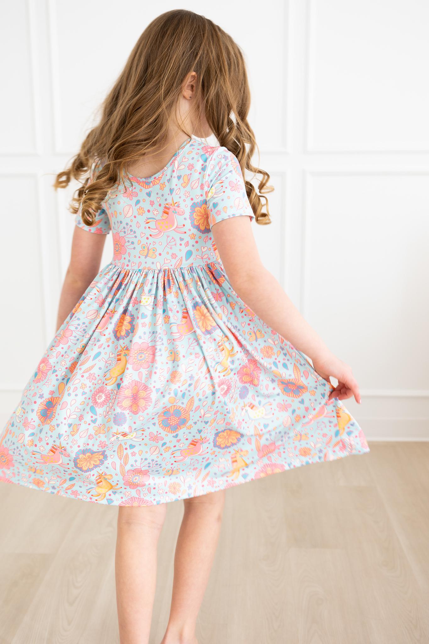 Blue Retro Unicorns S/S Pocket Twirl Dress-Mila & Rose ®