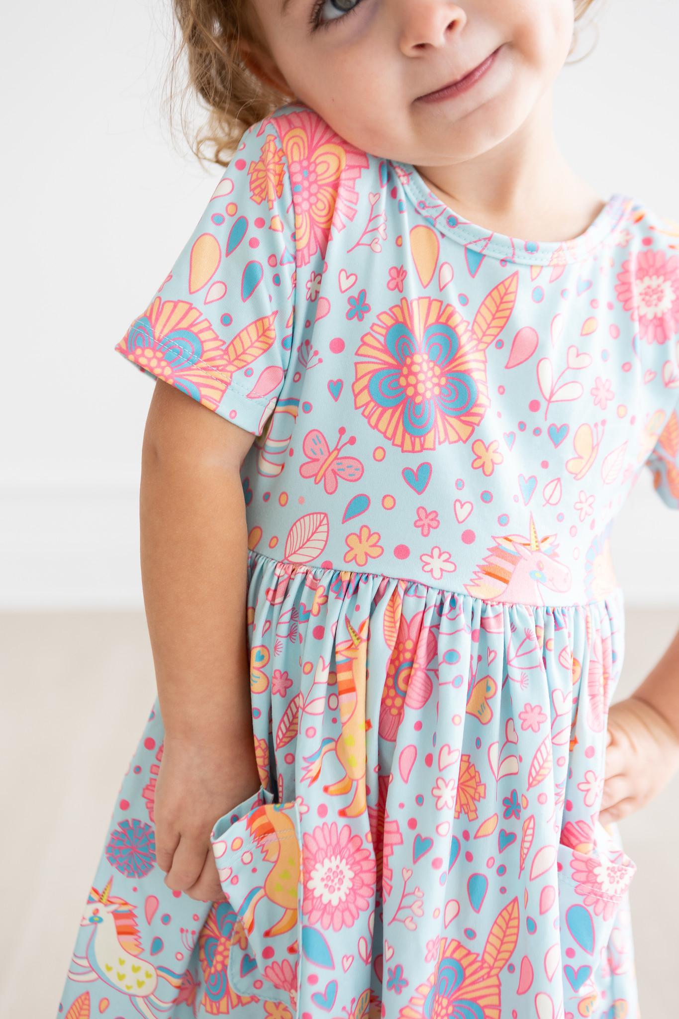 Blue Retro Unicorns S/S Pocket Twirl Dress-Mila & Rose ®