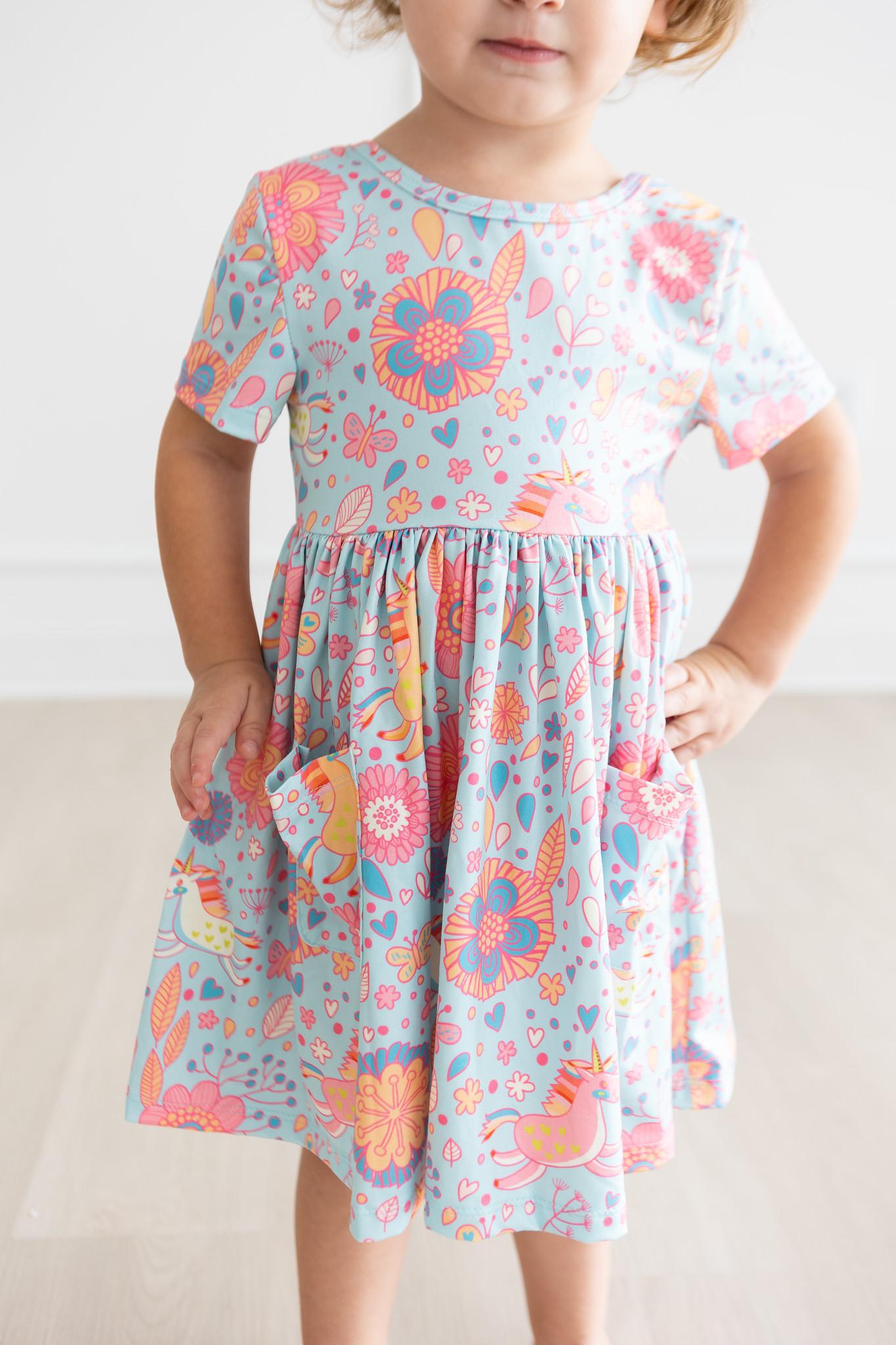 Blue Retro Unicorns S/S Pocket Twirl Dress-Mila & Rose ®