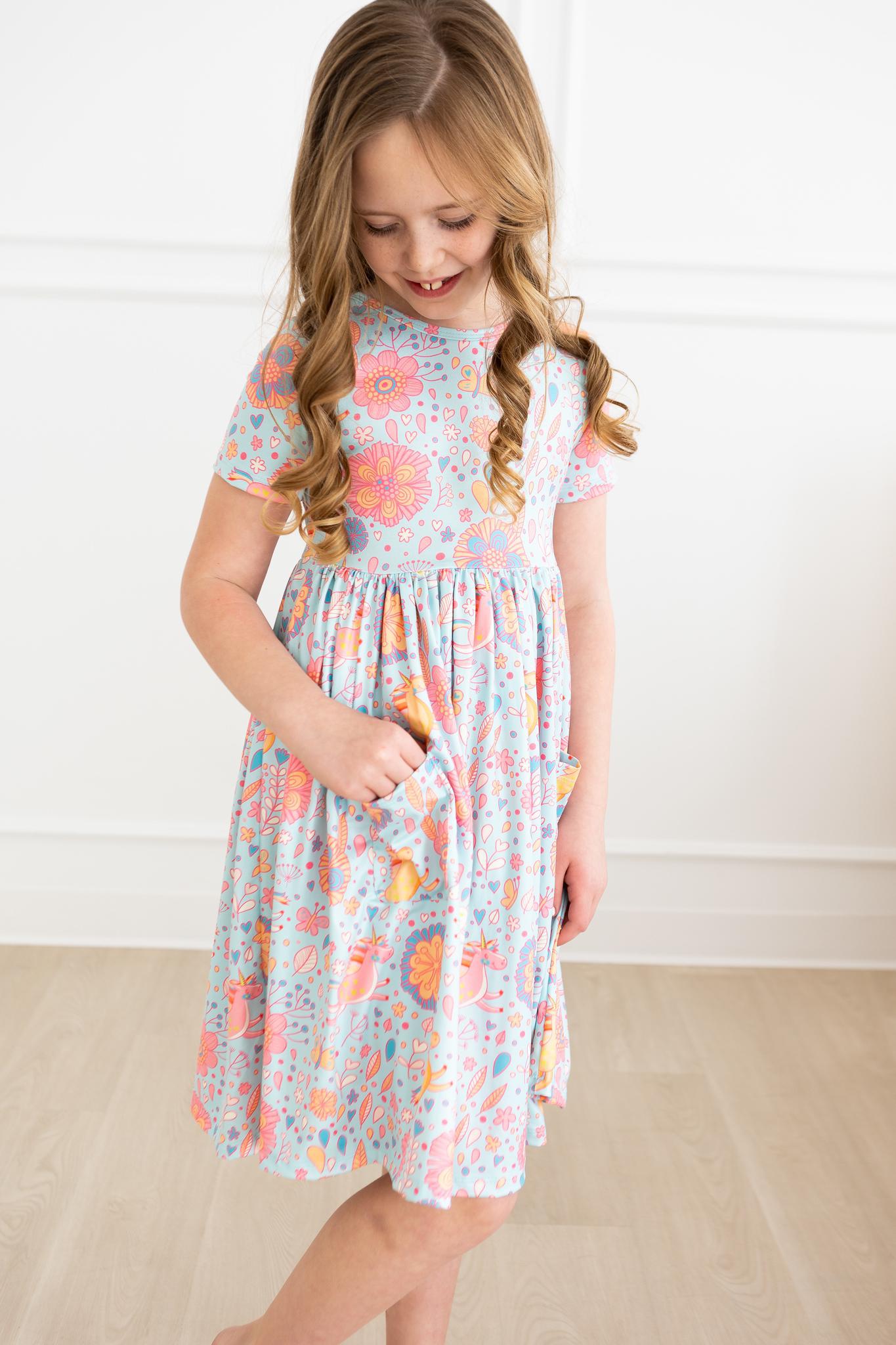 Blue Retro Unicorns S/S Pocket Twirl Dress-Mila & Rose ®