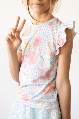 Blue Retro Unicorns S/S Ruffle Tee-Mila & Rose ®