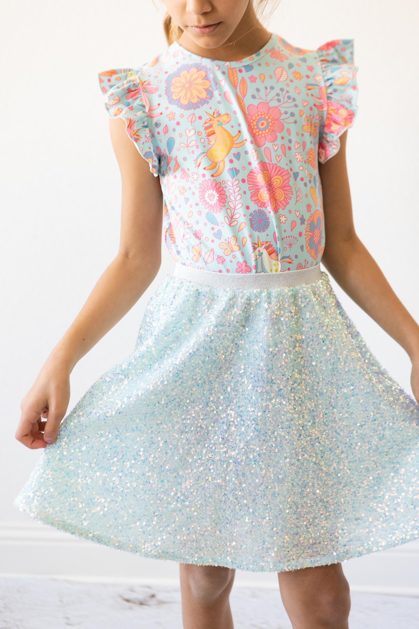 Blue Retro Unicorns S/S Ruffle Tee-Mila & Rose ®