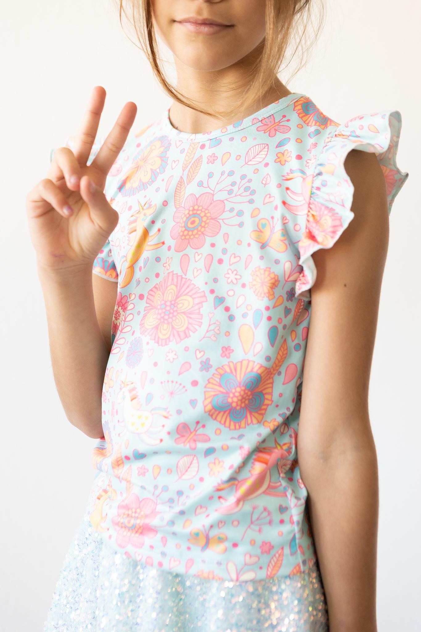 Blue Retro Unicorns S/S Ruffle Tee-Mila & Rose ®