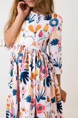 Blush Peony 3/4 Sleeve Pocket Twirl Dress-Mila & Rose ®