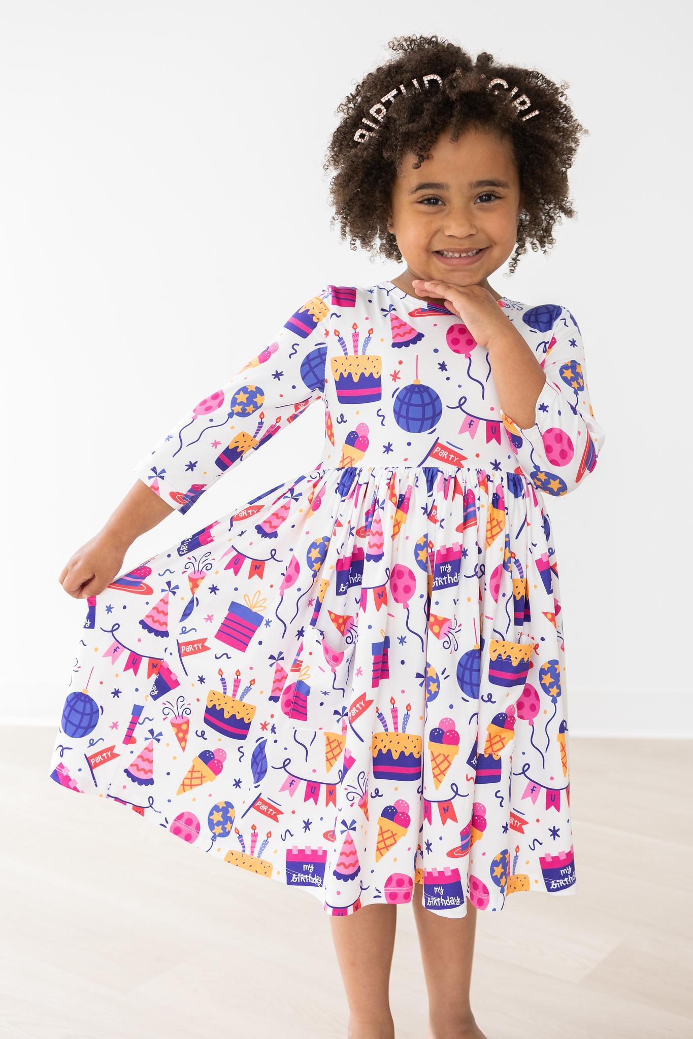 Girls' Happy Birthday 3/4 Sleeve Pocket Twirl Dress Size: 5/6 by Mila & Rose