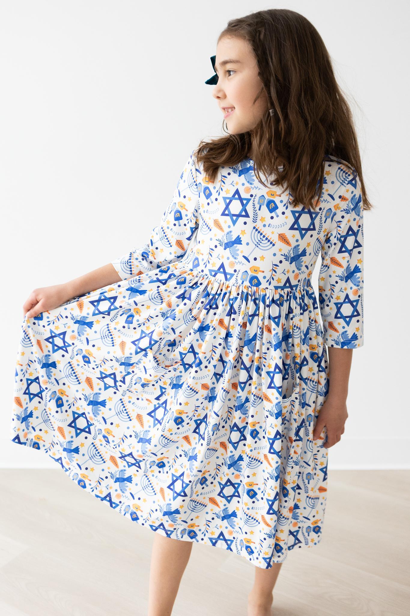 Girls' Happy Hanukkah 3/4 Sleeve Pocket Twirl Dress Size: 2T Toddler by Mila & Rose Girls' Happy Hanukkah 3/4 Sleeve Pocket Twirl Dress Size: 2T Toddler by Mila & Rose