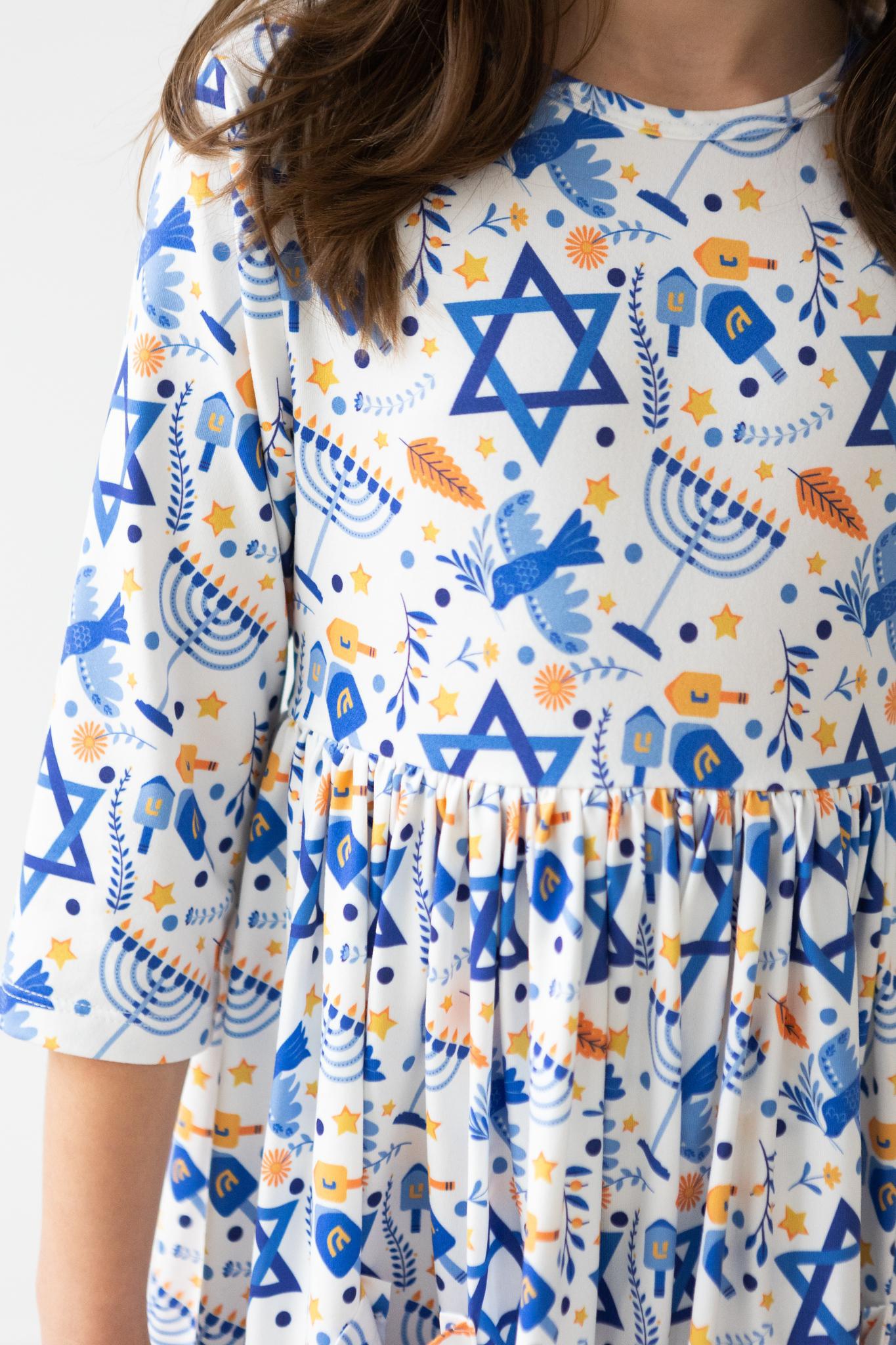 navy blue dress for baby girl Girls' Happy Hanukkah 3/4 Sleeve Pocket Twirl Dress Size: 2T Toddler by Mila & Rose
