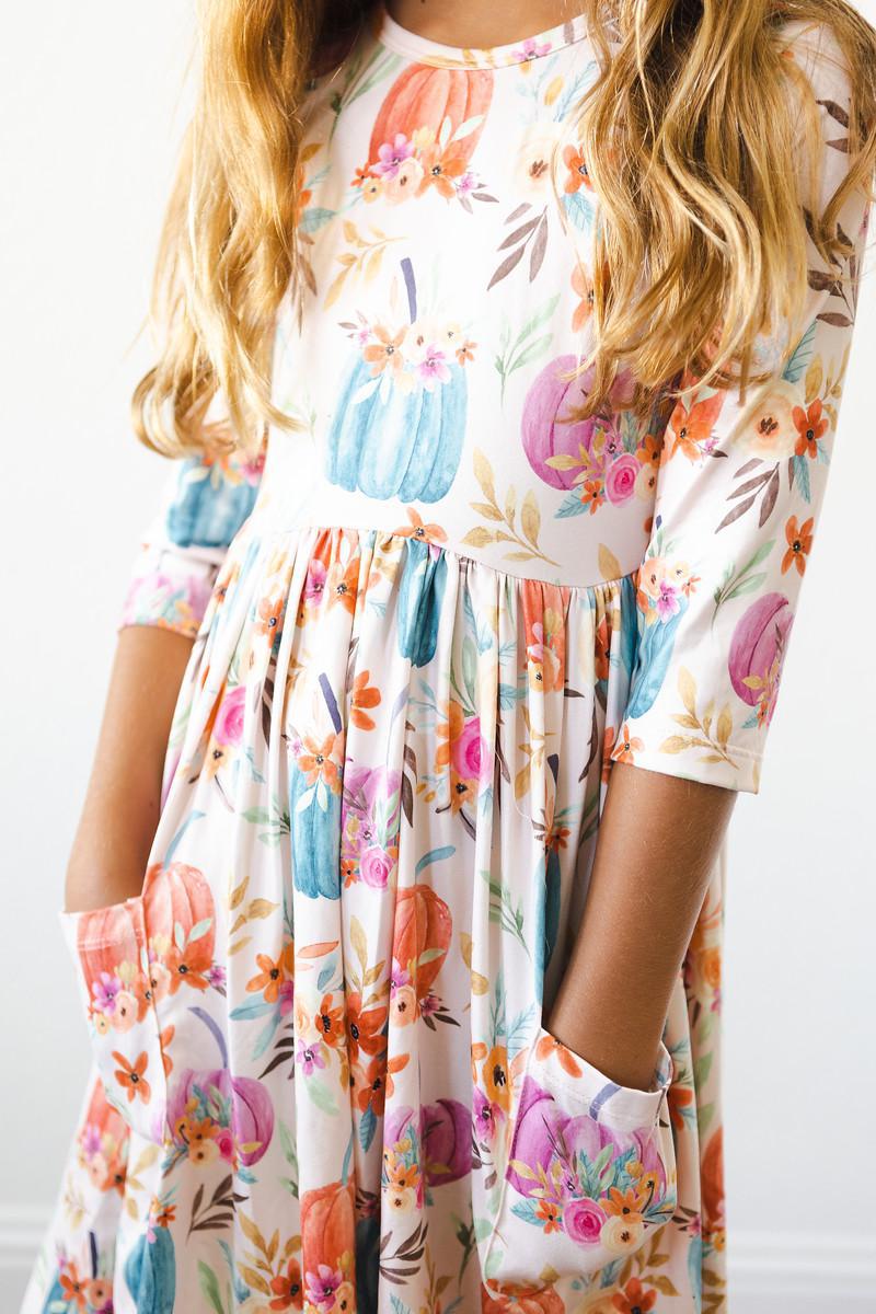 Harvest Blooms 3/4 Sleeve Pocket Twirl Dress-Mila & Rose ®