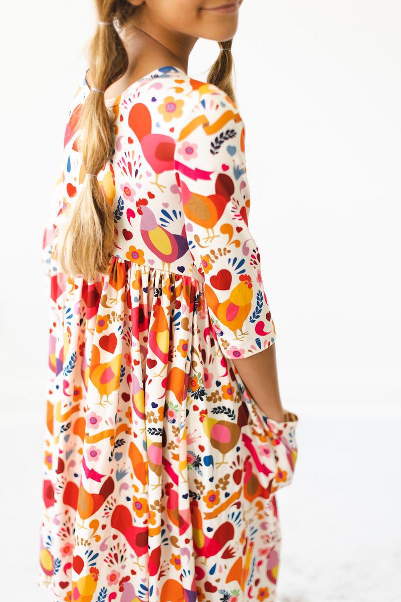 Little Red Hen 3/4 Sleeve Pocket Twirl Dress-Mila & Rose ®