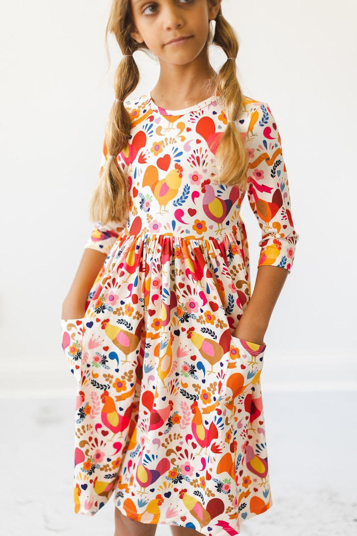 Little Red Hen 3/4 Sleeve Pocket Twirl Dress-Mila & Rose ®