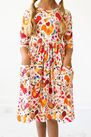 Little Red Hen 3/4 Sleeve Pocket Twirl Dress-Mila & Rose ®