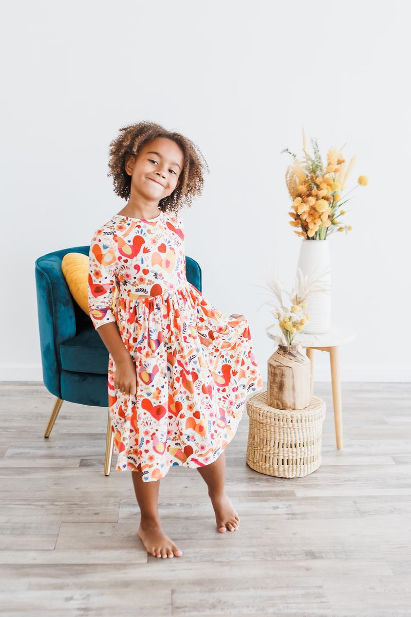 Little Red Hen 3/4 Sleeve Pocket Twirl Dress-Mila & Rose ®