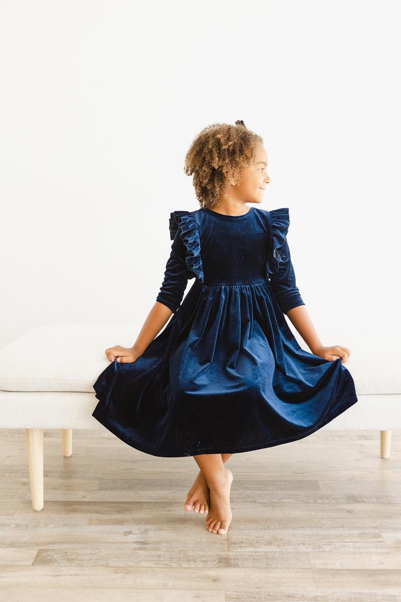 Girls' Navy Velvet Ruffle Twirl Dress Size: 5/6 By Mila & Rose Girls' Navy Velvet Ruffle Twirl Dress Size: 5/6 By Mila & Rose