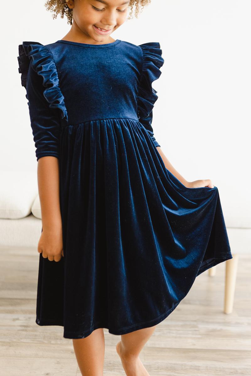 Girls' Navy Velvet Ruffle Twirl Dress Size: 5/6 By Mila & Rose Girls' Navy Velvet Ruffle Twirl Dress Size: 5/6 By Mila & Rose