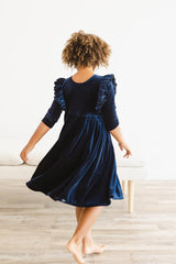 Navy Velvet Ruffle Twirl Dress-Mila & Rose ®