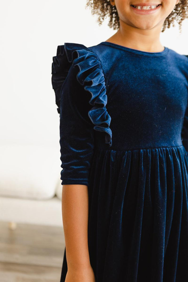 Navy Velvet Ruffle Twirl Dress-Mila & Rose ®