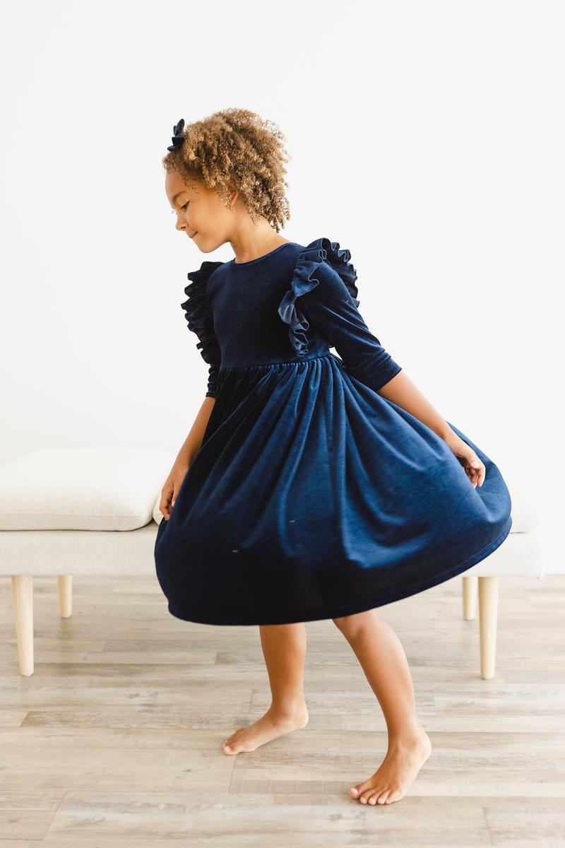 Girls' Navy Velvet Ruffle Twirl Dress Size: 5/6 By Mila & Rose Girls' Navy Velvet Ruffle Twirl Dress Size: 5/6 By Mila & Rose