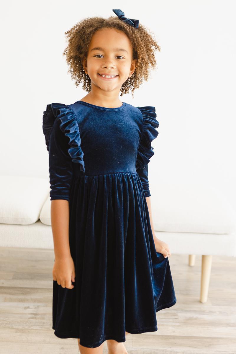 Girls' Navy Velvet Ruffle Twirl Dress Size: 5/6 By Mila & Rose Girls' Navy Velvet Ruffle Twirl Dress Size: 5/6 By Mila & Rose