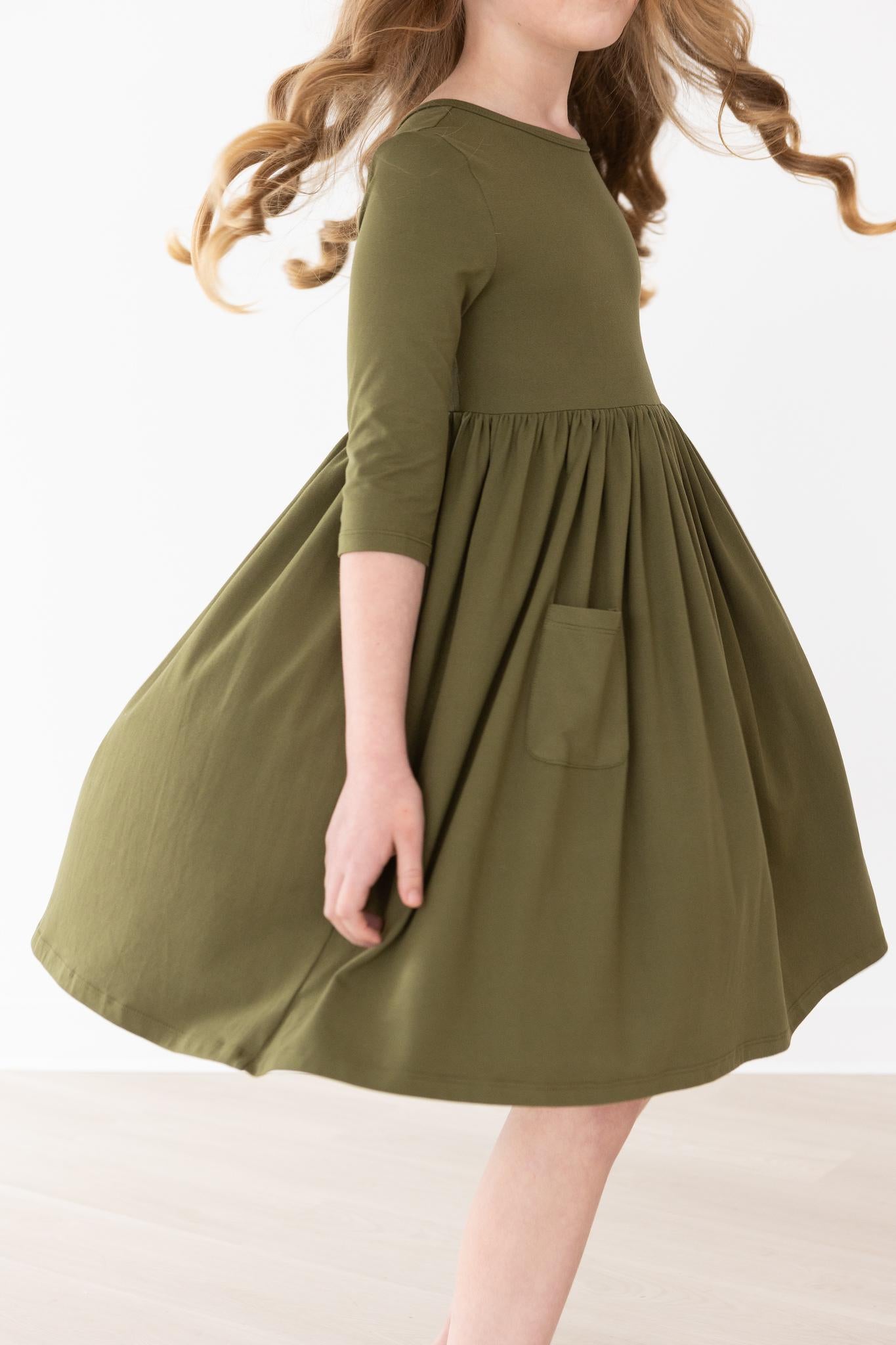 Girls' Olive 3/4 Sleeve Pocket Twirl Dress Size: 6-12m By Mila & Rose Girls' Olive 3/4 Sleeve Pocket Twirl Dress Size: 6-12m By Mila & Rose