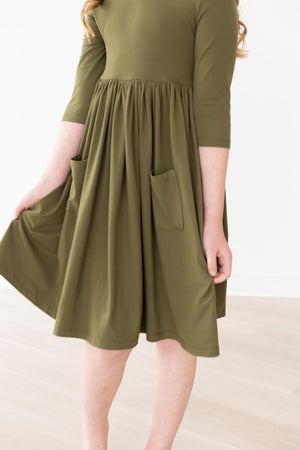 Olive 3/4 Sleeve Pocket Twirl Dress-Mila & Rose ®