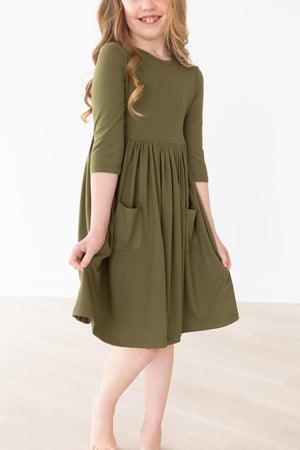 Olive 3/4 Sleeve Pocket Twirl Dress-Mila & Rose ®