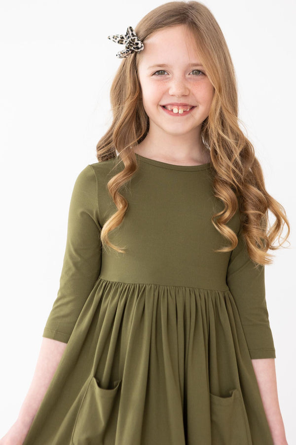 Girls' Olive 3/4 Sleeve Pocket Twirl Dress Size: 6-12M by Mila & Rose