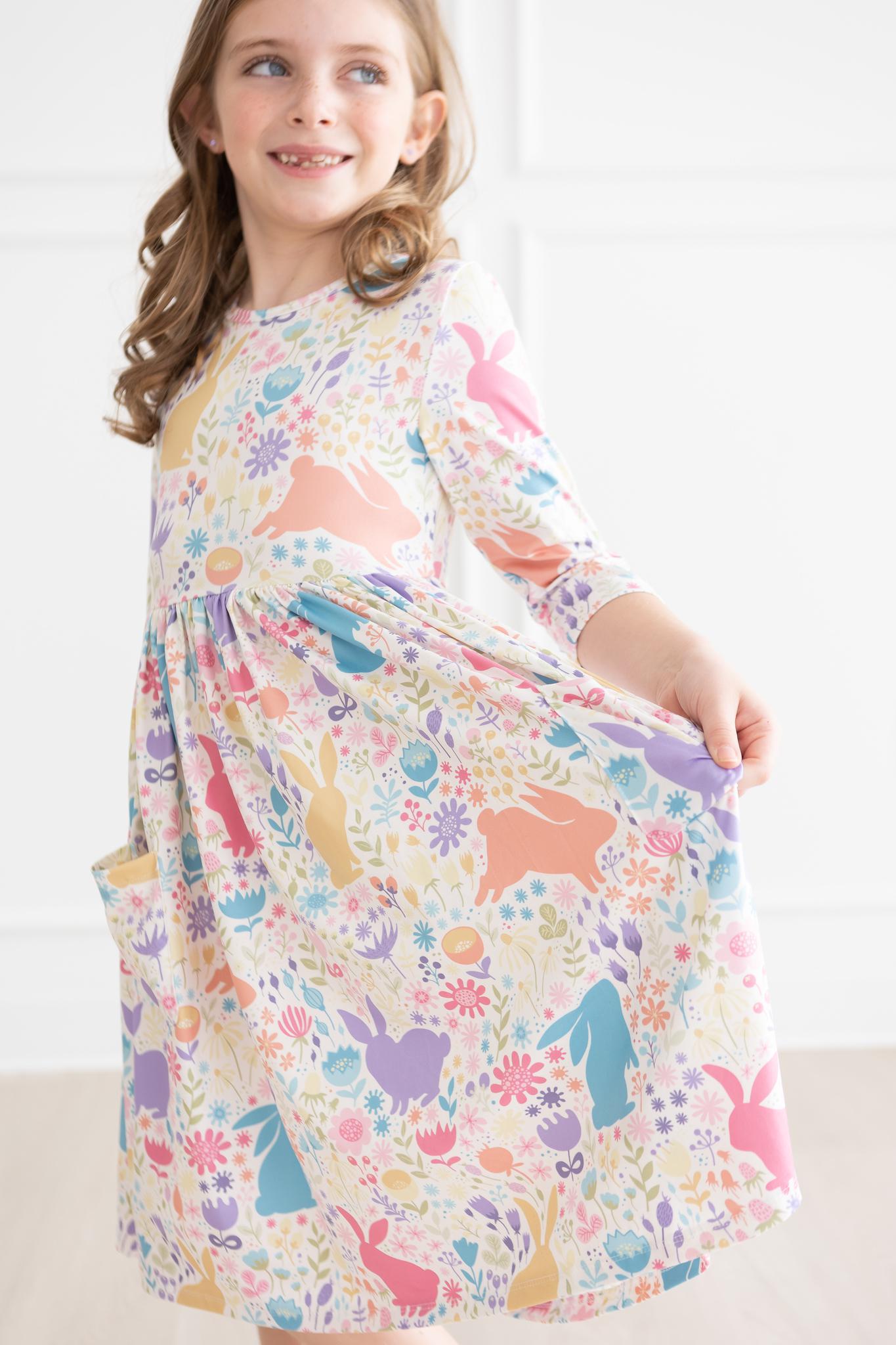 Pastel Floral Bunnies 3/4 Sleeve Pocket Twirl Dress-Mila & Rose ®