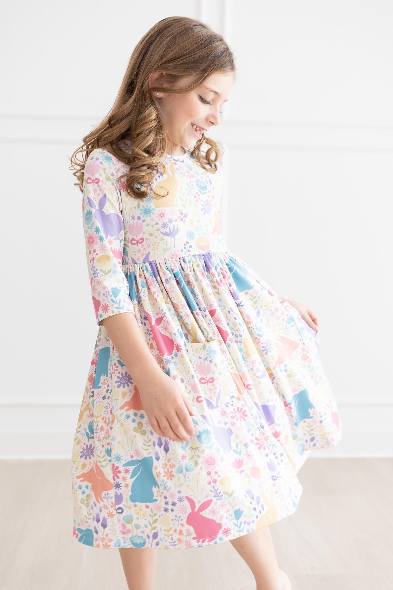 Pastel Floral Bunnies 3/4 Sleeve Pocket Twirl Dress-Mila & Rose ®