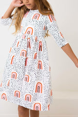 Peach Rainbow 3/4 Sleeve Pocket Twirl Dress-Mila & Rose ®
