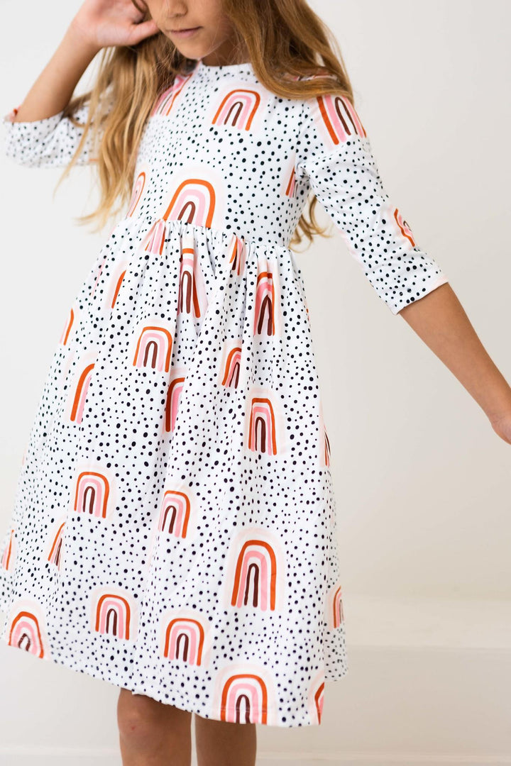Peach Rainbow 3/4 Sleeve Pocket Twirl Dress-Mila & Rose ®